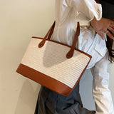 PU Leather Splice Linen Woven Shoulder Bags For Women Large Capacity Casual Tote