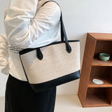 PU Leather Splice Linen Woven Shoulder Bags For Women Large Capacity Casual Tote