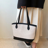 PU Leather Splice Linen Woven Shoulder Bags For Women Large Capacity Casual Tote