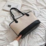 PU Leather Splice Linen Woven Shoulder Bags For Women Large Capacity Casual Tote
