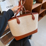PU Leather Splice Linen Woven Shoulder Bags For Women Large Capacity Casual Tote