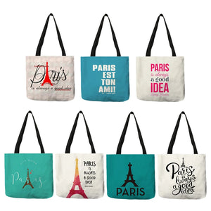 Paris English Letters Print Tote Bag Women Reusable Shopping Bags