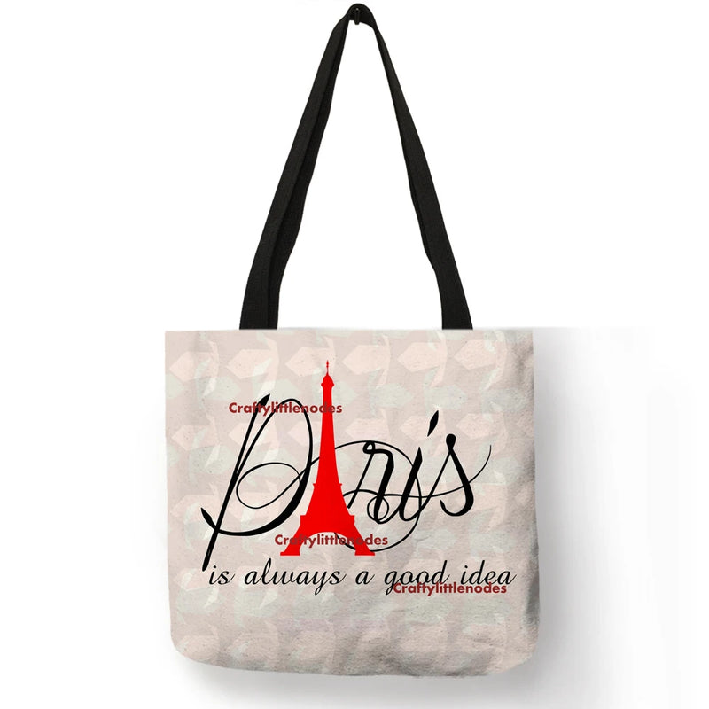 Paris English Letters Print Tote Bag Women Reusable Shopping Bags