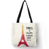 Paris English Letters Print Tote Bag Women Reusable Shopping Bags