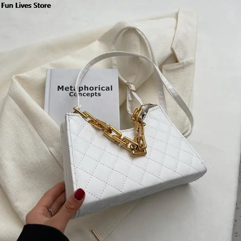 Golden Chain Leather Shoulder Purse Wedding Square Handbag