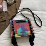 Patchwork Shoulder Bag For Women PU Leather Crossbody Bag with Scarf Handle