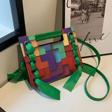 Patchwork Shoulder Bag For Women PU Leather Crossbody Bag with Scarf Handle