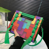 Patchwork Shoulder Bag For Women PU Leather Crossbody Bag with Scarf Handle