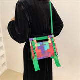 Patchwork Shoulder Bag For Women PU Leather Crossbody Bag with Scarf Handle