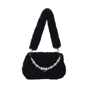 Pearls Chains Fluffy Women Shoulder Bags Soft Plush Lady Handbags