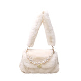 Pearls Chains Fluffy Women Shoulder Bags Soft Plush Lady Handbags