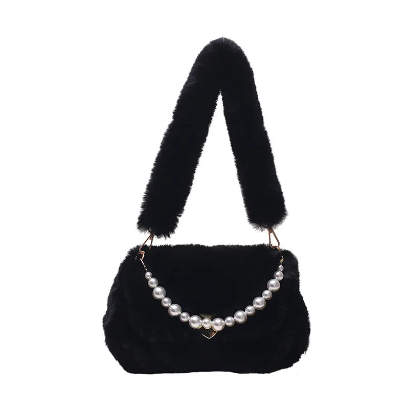 Pearls Chains Fluffy Women Shoulder Bags Soft Plush Lady Handbags