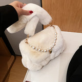 Pearls Chains Fluffy Women Shoulder Bags Soft Plush Lady Handbags