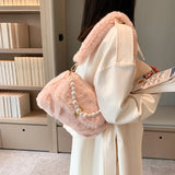 Pearls Chains Fluffy Women Shoulder Bags Soft Plush Lady Handbags