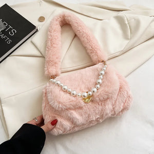 Pearls Chains Fluffy Women Shoulder Bags Soft Plush Lady Handbags