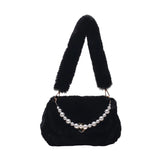 Pearls Chains Fluffy Women Shoulder Bags Soft Plush Lady Handbags