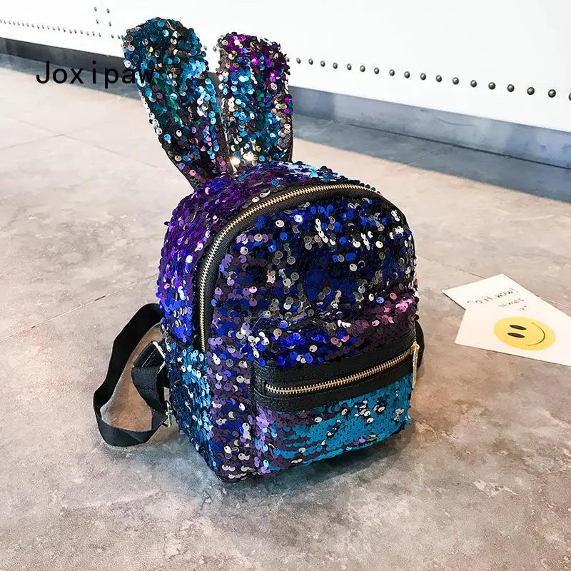 Sequins Rabbit Ears Backpack for Women Mini School Bag