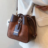 Plaid Bucket Bag Nubuck PU Leather Small Tote