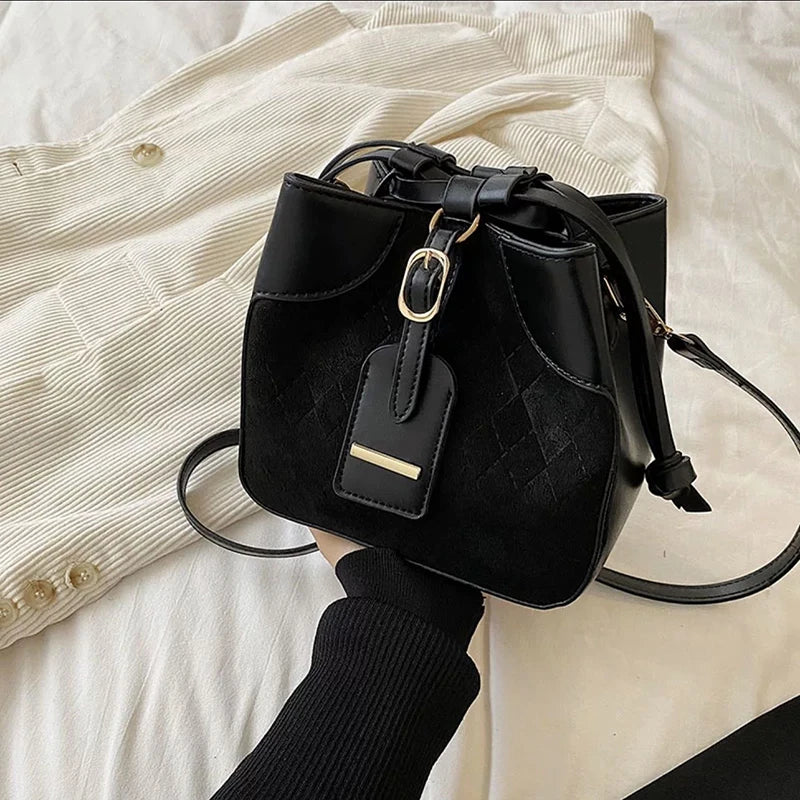 Plaid Bucket Bag Nubuck PU Leather Small Tote