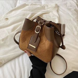 Plaid Bucket Bag Nubuck PU Leather Small Tote