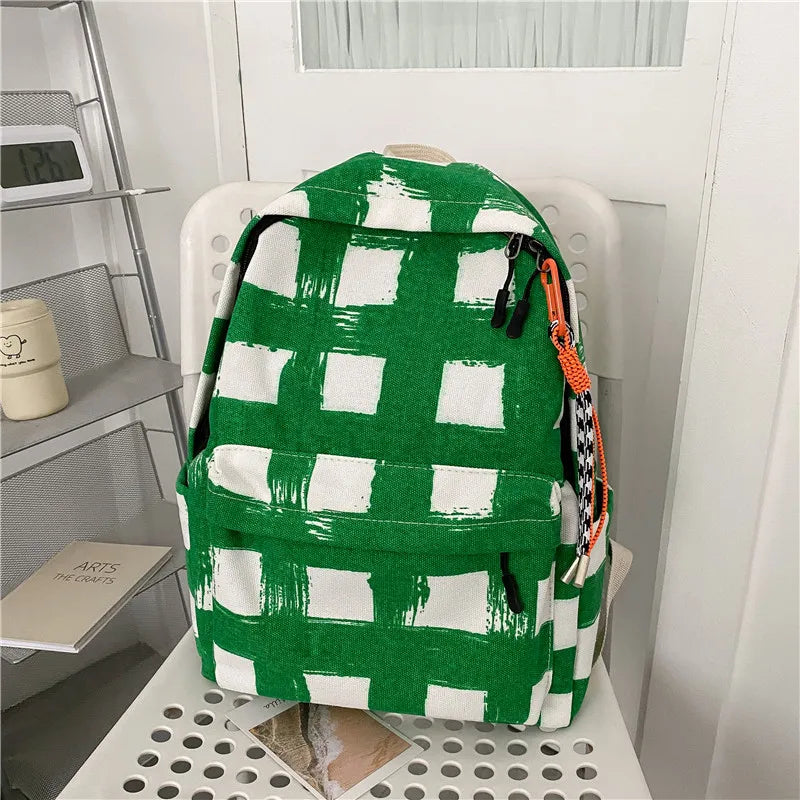 Plaid Canvas Women Backpack for College Students