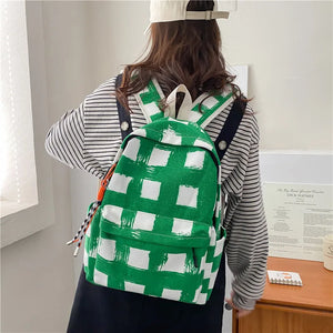 Plaid Canvas Women Backpack for College Students