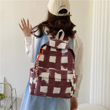 Plaid Canvas Women Backpack for College Students
