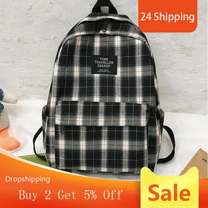 Plaid Canvas Women Backpack College Student Backpack Teenage Girl School Bags