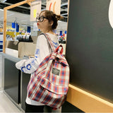 Plaid Canvas Women Backpack College Student Teenage Girl School Bags