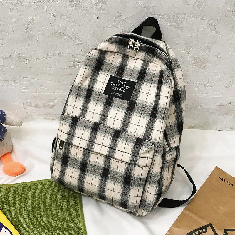 Plaid Canvas Women Backpack College Student Backpack Teenage Girl School Bags