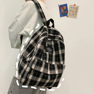 Plaid Canvas Women Backpack Student Bag