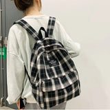 Plaid Canvas Women Backpack College Student Teenage Girl School Bags