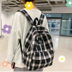 Plaid Canvas Women Backpack College Student Teenage Girl School Bags