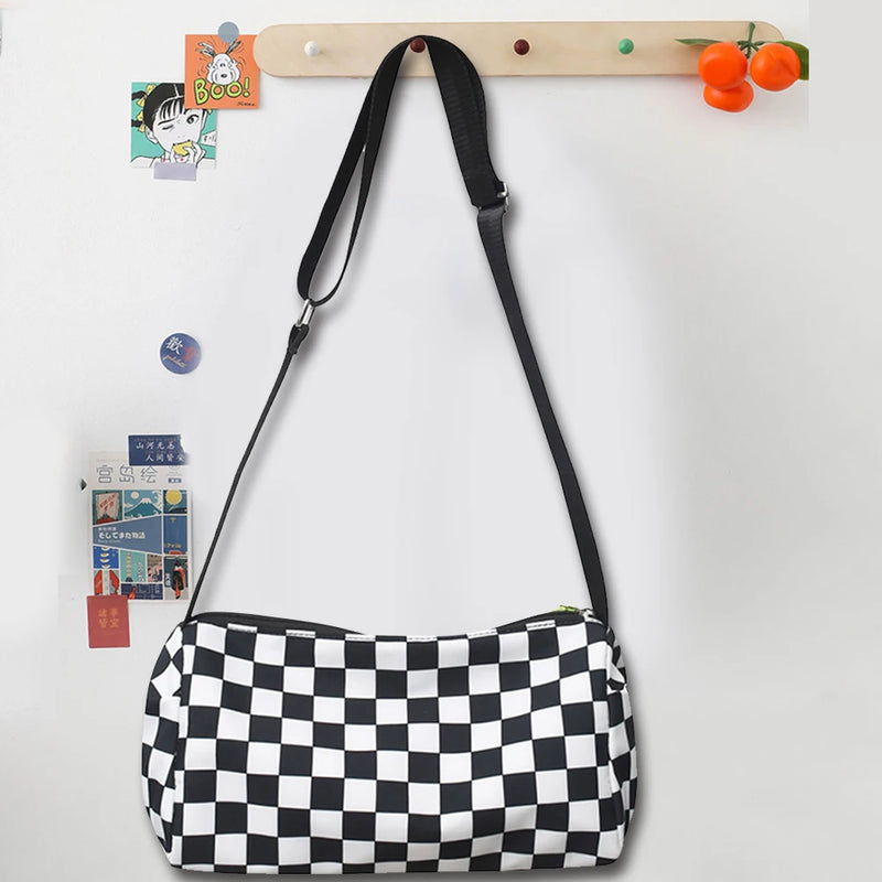 Plaid Crossbody Bag Retro Hand Cylinder Sports Zipper Travel Satchel