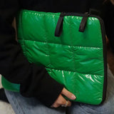 Plaid Green Puff Shoulder Bag Space Cotton Handbag Woman Fluffy Duvet Tote Bags