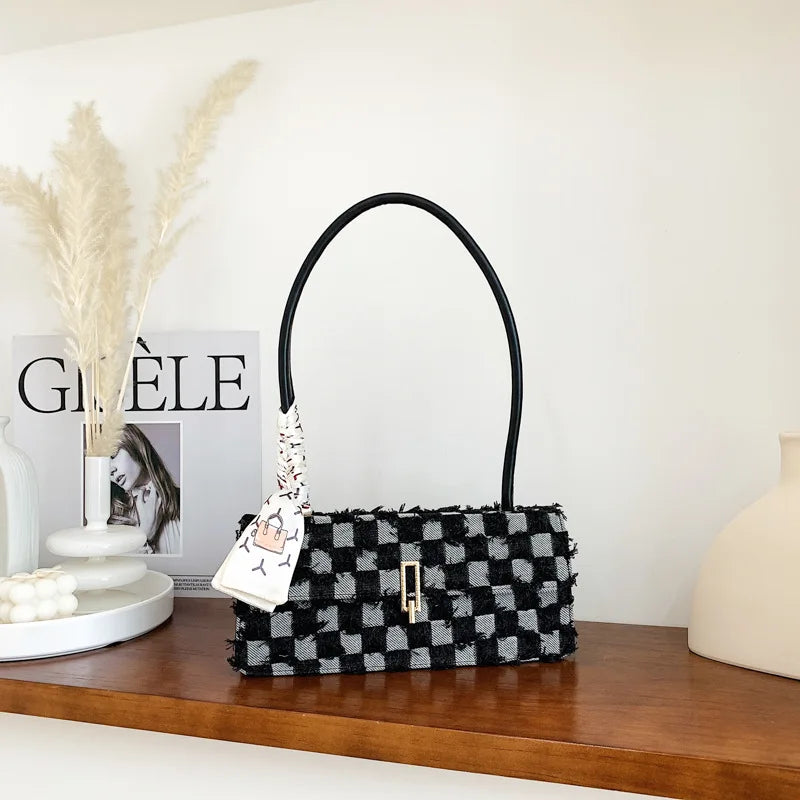 Plaid Chain Shoulder Bag Denim Underarm Bag Party