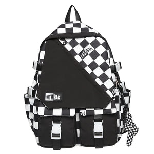 Plaid Nylon Women Backpack College Student Backpack Large Capacity Waterproof