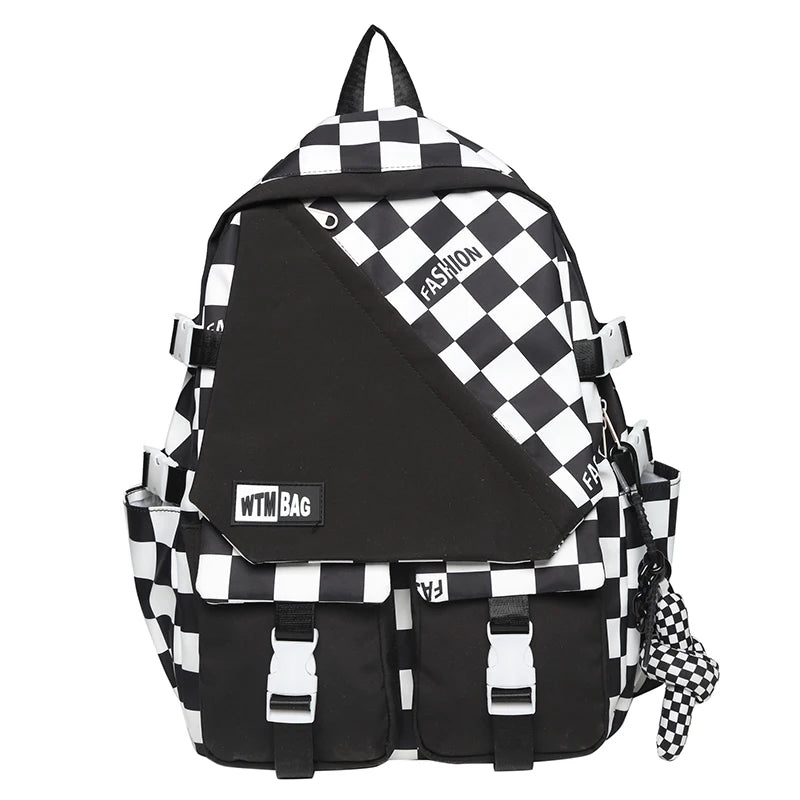 Plaid Nylon Women Backpack College Student Backpack Large Capacity Waterproof