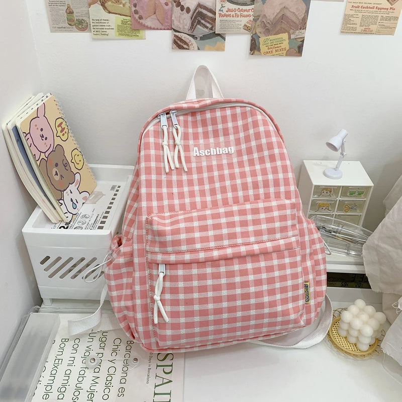 Plaid Pattern Backpack Student Girl Sweet Canvas Shoulders Bag