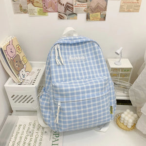 Plaid Pattern Backpack Student Girl Sweet Canvas Shoulders Bag