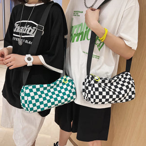 Plaid Shoulder Bag Retro Cylinder Sports Zipper Travel Satchel