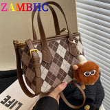 Plaid Shoulder Canvas and PU Leather Bags for Women