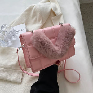 Plaid Women Shoulder Bag with Winter Hairy Handle