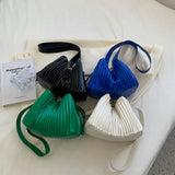 Pleated Crossbody Handbags PU Leather Women Solid Bucket Shoulder Bags