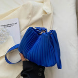 Pleated Crossbody Handbags PU Leather Solid Bucket Shoulder Bags