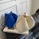 Pleated Crossbody Handbags PU Leather Women Solid Bucket Shoulder Bags