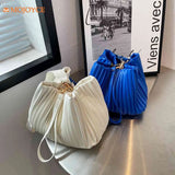 Pleated Crossbody Handbags PU Leather Solid Bucket Shoulder Bags