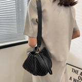 Pleated Crossbody Handbags PU Leather Solid Bucket Shoulder Bags