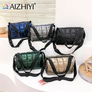 Pleated Quilted Cotton Padded Grid Crossbody Bag