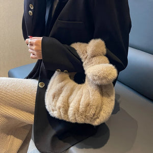 Women Western Style Plush Handbag Underarm Bag Tote Bag